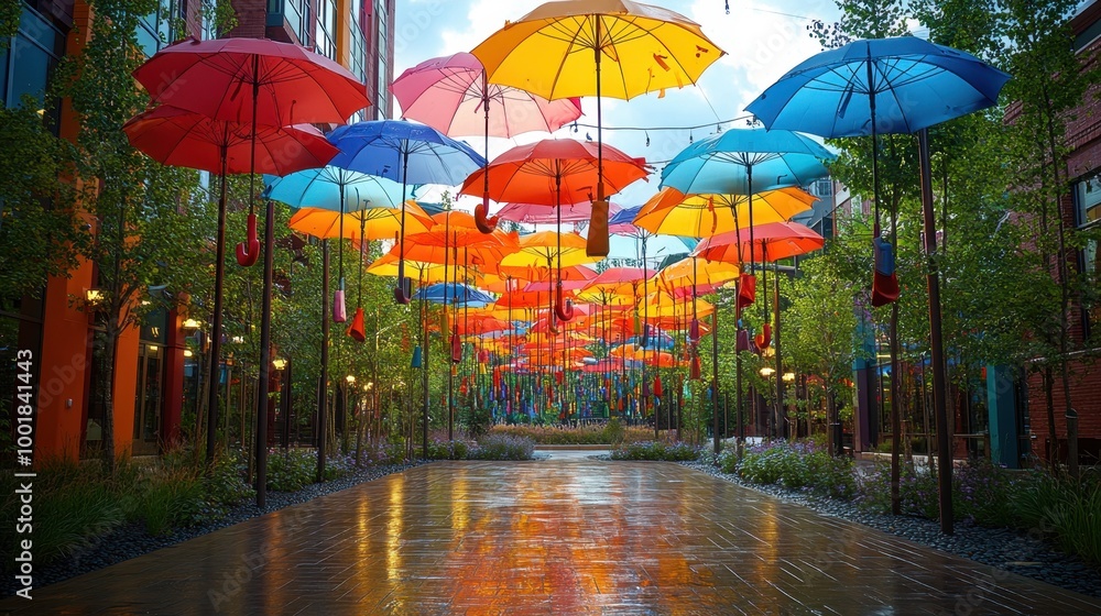 custom made wallpaper toronto digitalA collection of colorful umbrellas hanging in the air as part of a street art installation 
