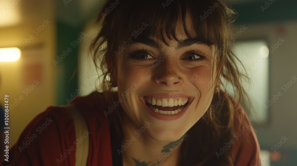 A woman laughs wholeheartedly, her eyes shining with joy and genuine happiness. The soft natural light accentuates her features while creating a warm atmosphere A woman laughs wholeheartedly, her eyes shining with joy and genuine happiness. The soft natural light accentuates her features while creating a warm atmosphere