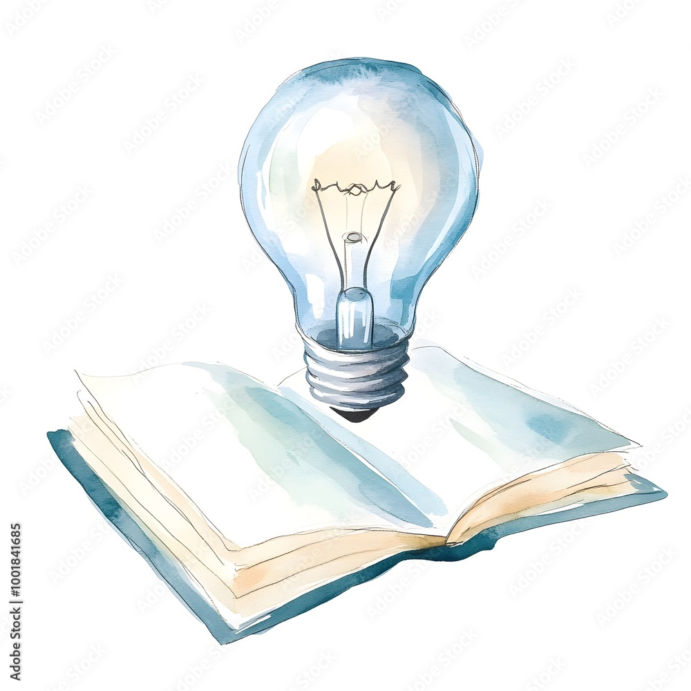 A transparent light bulb levitates over a vividly painted open book, representing creative thought and knowledge, soft watercolor hues radiating around the scene A transparent light bulb levitates over a vividly painted open book, representing creative thought and knowledge, soft watercolor hues radiating around the scene