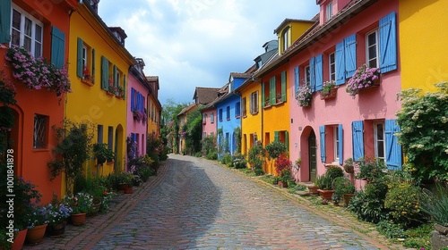 Fototapeta Naklejka Na Ścianę i Meble -  A row of colorful houses along a quiet street in a small European town 