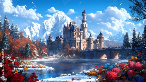 stunning fantasy castle with stunning lake and mountain panorama