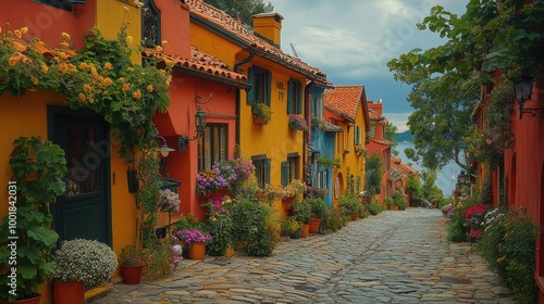 Fototapeta Naklejka Na Ścianę i Meble -  A row of colorful houses along a quiet street in a small European town 