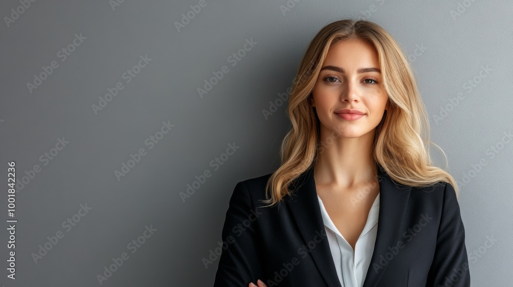 A confident businesswoman stands with a calm expression, wearing a dark blazer. The soft lighting highlights her professional look, with a simple gray background enhancing the focus A confident businesswoman stands with a calm expression, wearing a dark blazer. The soft lighting highlights her professional look, with a simple gray background enhancing the focus