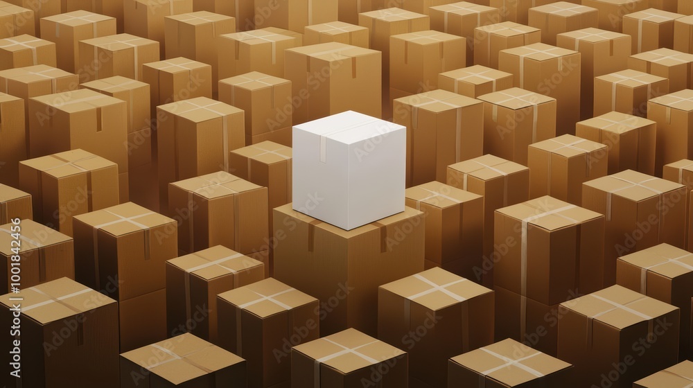 A single white box stands out amidst a multitude of brown packaging boxes, symbolizing uniqueness in a sea of uniformity. A single white box stands out amidst a multitude of brown packaging boxes, symbolizing uniqueness in a sea of uniformity.