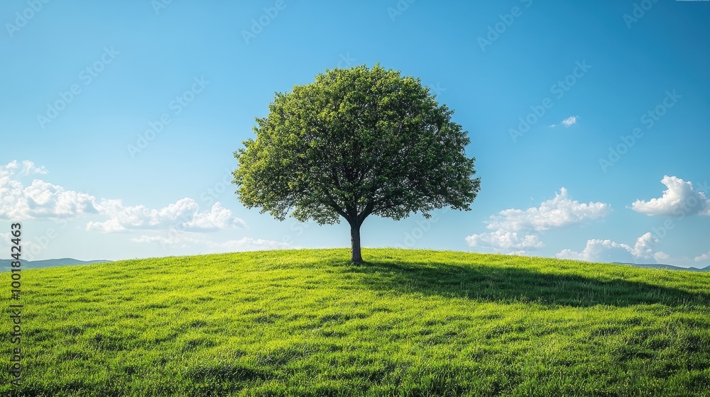 A single tree standing alone in the middle of a vast green field under a clear blue sky A single tree standing alone in the middle of a vast green field under a clear blue sky