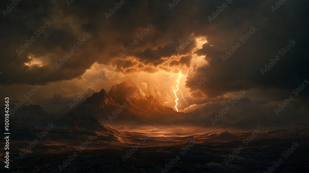 Obraz premium Dramatic thunderstorm over mountain range with lightning strikes illuminating dark clouds at sunset