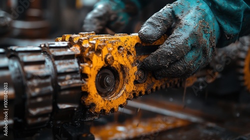 Close-up of Mechanic's Hands Working on Industrial Machinery photo