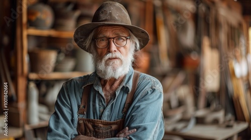 An elderly carpenter shows off his years of woodworking expertise in his rustic woodworking shop with tools and wood