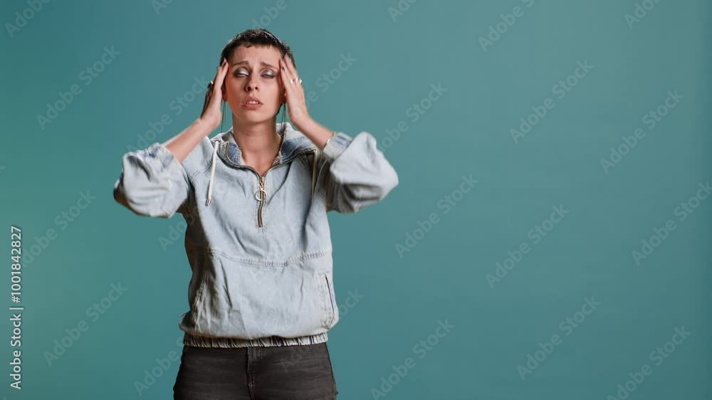 Unwell model suffering from a painful headache in studio, rubbing her temples and being frustrated about discomfort. Young stylish woman with a migraine feeling displeased and worried. Camera B. Unwell model suffering from a painful headache in studio, rubbing her temples and being frustrated about discomfort. Young stylish woman with a migraine feeling displeased and worried. Camera B.