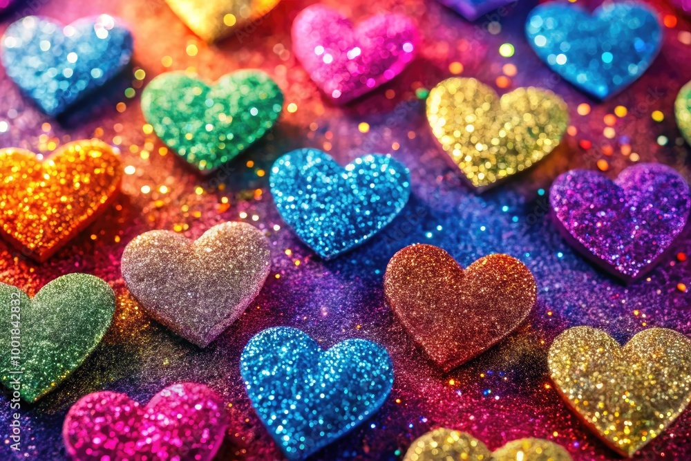 Sparkling Hearts with Glitter on a Colorful Background for Festive and Romantic Celebrations Sparkling Hearts with Glitter on a Colorful Background for Festive and Romantic Celebrations