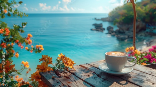 wide view, wallpaper outdoor seaside coffee shop, multicolored main color, morning, multicolored details, multicolored flowers