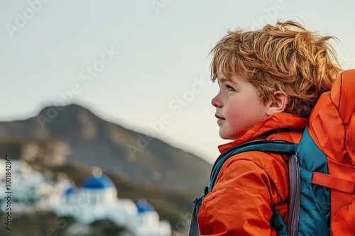 A young boy in an orange jacket, gazing at a scenic view with a backpack, immersed in a travel adventure.