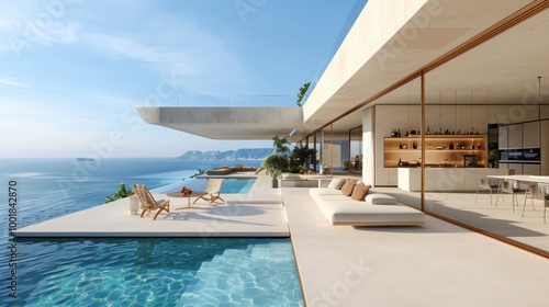 A luxury cliffside villa with a swimming pool, a dining table, high ceilings, large windows overlooking the ocean and the sky, and a modern living room with a bar and loungers