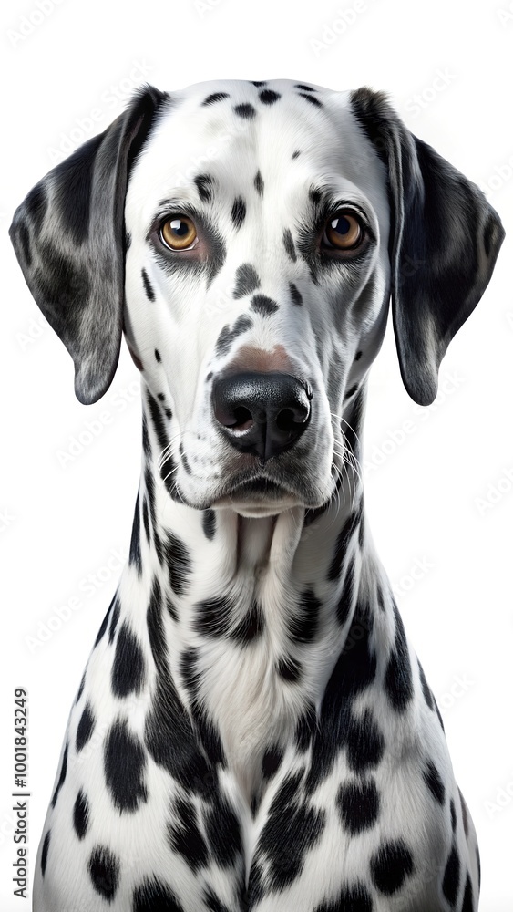 Portrait of a Dalmatian dog on a white background.
Portrait of a Dalmatian dog on a white background.