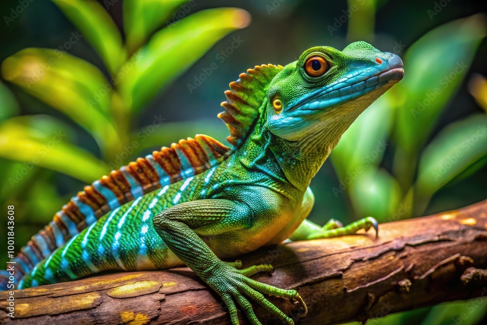 Obraz premium Striped Basilisk Lizard with Vibrant Colors Resting on a Branch in Tropical Rainforest Environment