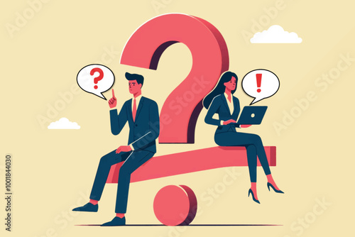 Illustration of a businessman and woman thinking about answers to existing questions