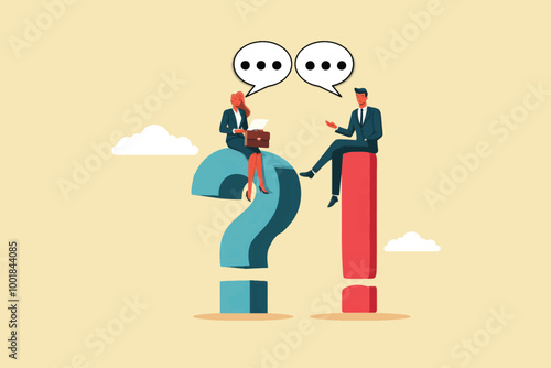 businessman and woman sitting on question mark and exclamation mark doing question and answer