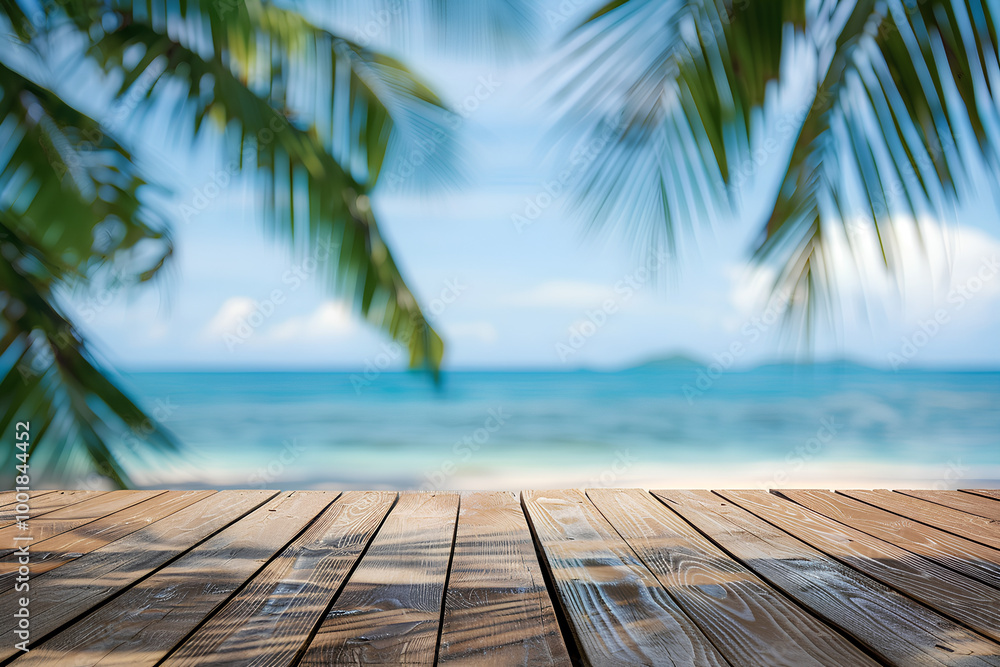 Wooden floor with blurred background of tropical beach and sea, panoramic view, blue sky and white clouds, palm trees, summer vacation concept, space for product display or montage Wooden floor with blurred background of tropical beach and sea, panoramic view, blue sky and white clouds, palm trees, summer vacation concept, space for product display or montage