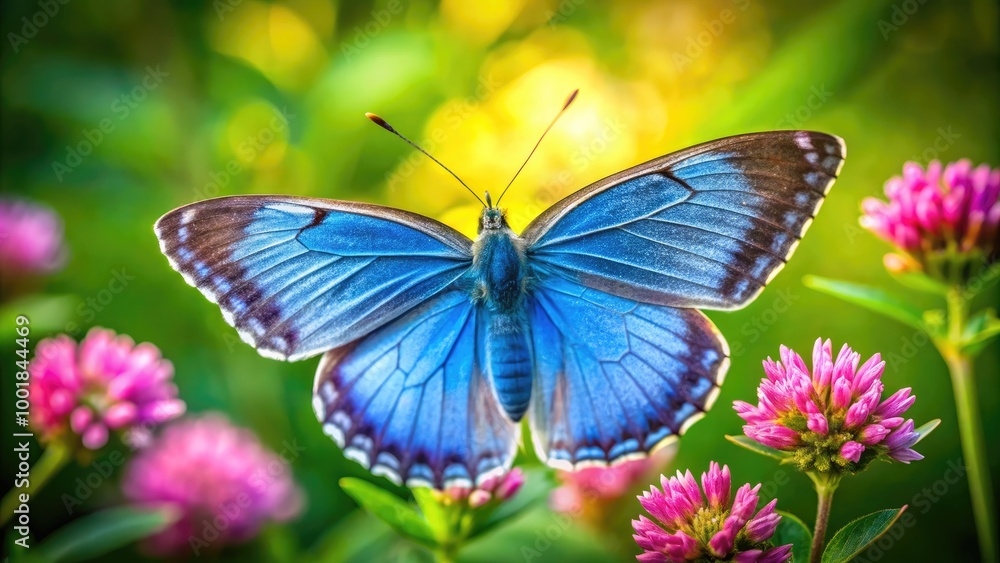 Stunning close-up of a vibrant blue butterfly perched on a delicate flower in a lush green garden Stunning close-up of a vibrant blue butterfly perched on a delicate flower in a lush green garden