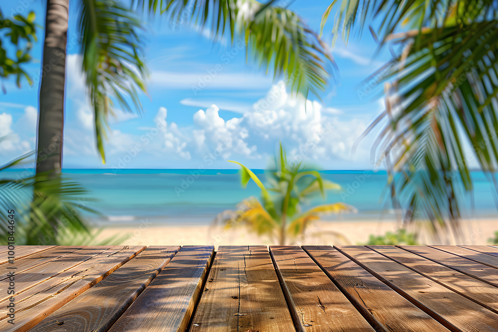 Wooden floor with blurred background of tropical beach and sea, panoramic view, blue sky and white clouds, palm trees, summer vacation concept, space for product display or montage Wooden floor with blurred background of tropical beach and sea, panoramic view, blue sky and white clouds, palm trees, summer vacation concept, space for product display or montage