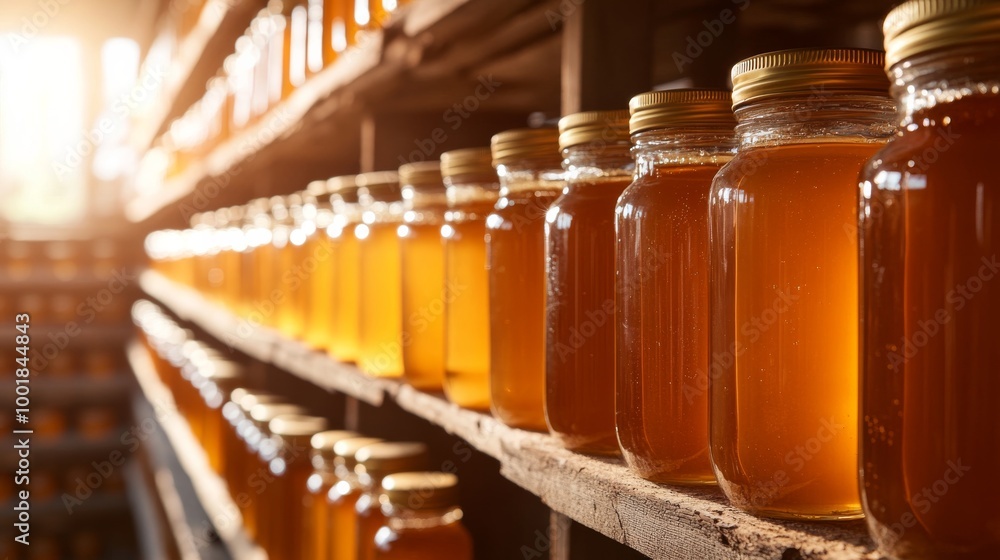 Rows of glass jars filled with golden honey rest on a wooden shelf, illuminated by sunlight that enhances their warm hues, creating a cozy atmosphere Rows of glass jars filled with golden honey rest on a wooden shelf, illuminated by sunlight that enhances their warm hues, creating a cozy atmosphere