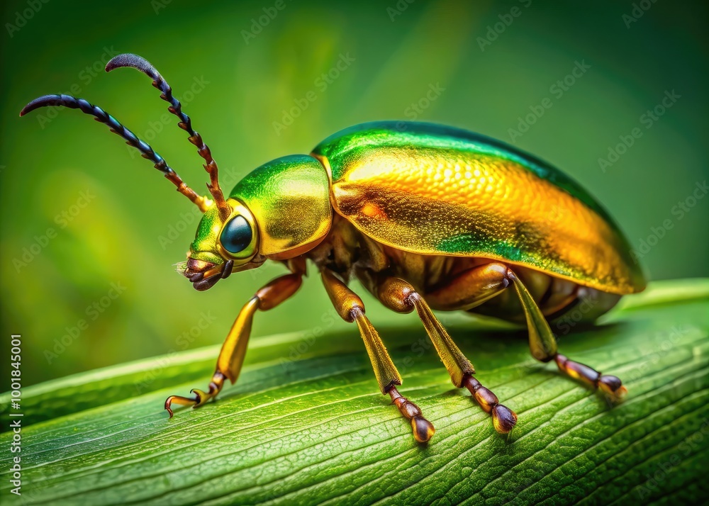 Stunning Gold Beetle Crawling on Leaf with Vibrant Green Background in Nature's Beautiful Habitat Stunning Gold Beetle Crawling on Leaf with Vibrant Green Background in Nature's Beautiful Habitat