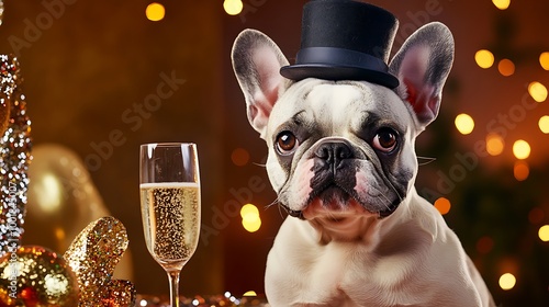 A dapper French Bulldog looking positively debonair in a top hat, sitting regally at a table adorned with confetti and streamers photo