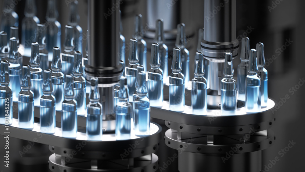 3D render illustration depicting the drug manufacturing process. Pharmaceutical production showing a glass ampoule containing coronavirus vaccine moving along an automatic conveyor line. 3D render illustration depicting the drug manufacturing process. Pharmaceutical production showing a glass ampoule containing coronavirus vaccine moving along an automatic conveyor line.