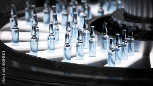 realistic 3d render. Glass vials containing clear liquid travel along a conveyor belt in a sterile pharmaceutical environment, ensuring the safe and precise production of vaccines and medications