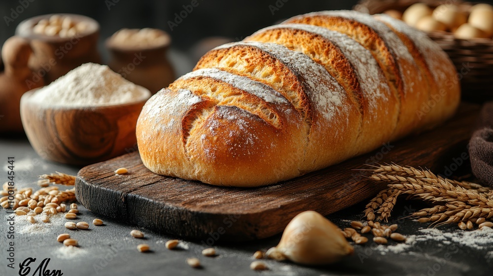 Freshly baked bread on a rustic wooden board with flour and wheat scattered around Freshly baked bread on a rustic wooden board with flour and wheat scattered around