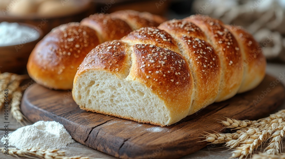 Freshly baked bread on a rustic wooden board with flour and wheat scattered around Freshly baked bread on a rustic wooden board with flour and wheat scattered around