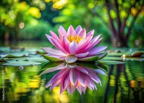 Stunning Lotus Flower Blooming in Tranquil Water with Lush Green Leaves and Beautiful Reflections