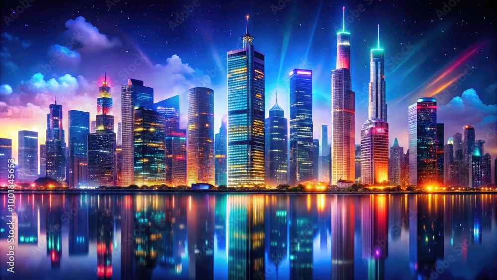 Obraz premium Stunning Night City Background with Vibrant Lights and Skyscrapers Illuminating the Urban Landscape