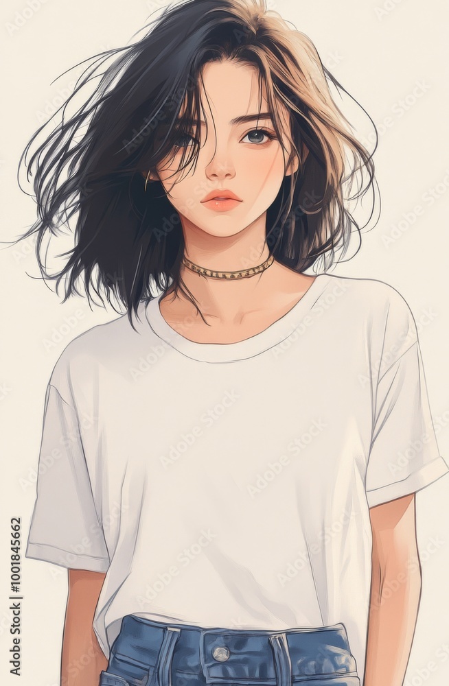 Japanese anime-style illustration of an adult woman with shoulder-length hair, dressed in jeans and a white T-shirt, posing for the camera Japanese anime-style illustration of an adult woman with shoulder-length hair, dressed in jeans and a white T-shirt, posing for the camera