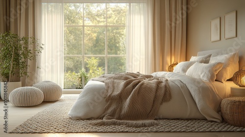 Luxury bedroom interior with soft linens, neutral tones, and warm lighting 