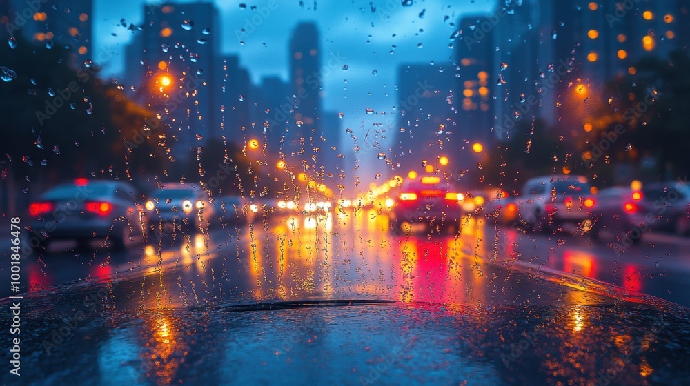 Raindrops on a car window with blurred city lights in the background Raindrops on a car window with blurred city lights in the background