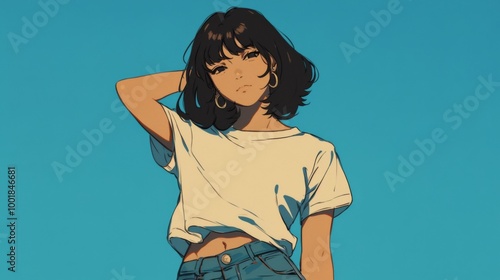 Japanese anime-style illustration of an adult woman with shoulder-length hair, dressed in jeans and a white T-shirt, posing for the camera photo