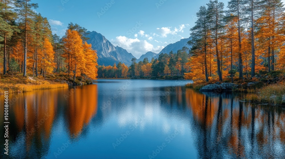 Scenic view of a quiet lake surrounded by autumn trees with reflections on the water Scenic view of a quiet lake surrounded by autumn trees with reflections on the water