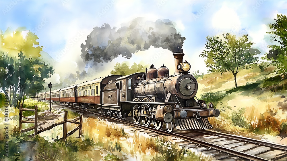 Obraz premium A beautifully detailed watercolor illustration of a historic steam train navigating its way through a lush, picturesque countryside