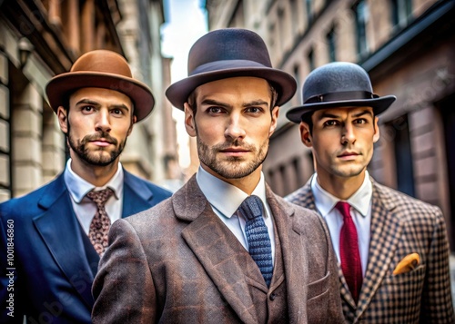 Stylish men wearing classic bowler hats in urban setting, showcasing vintage fashion and elegance