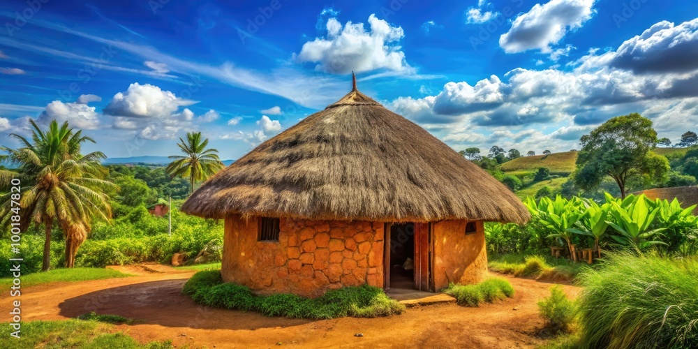 Traditional African Hut Surrounded by Lush Greenery under a Bright Blue Sky in a Rural Landscape Traditional African Hut Surrounded by Lush Greenery under a Bright Blue Sky in a Rural Landscape