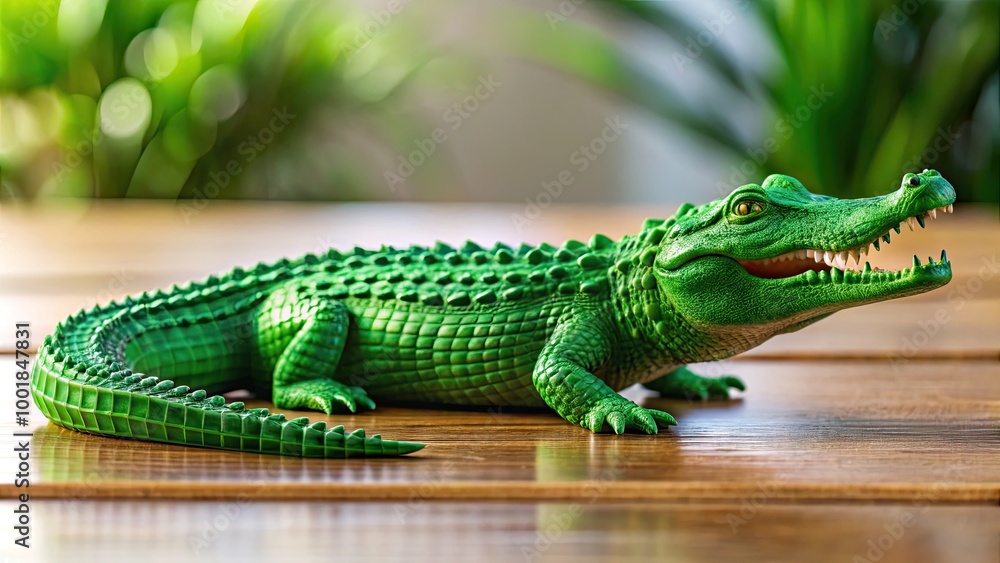 Fototapeta premium Toy Green Crocodile Model Prototype Created with FDM 3D Printing Technology on a Table Surface