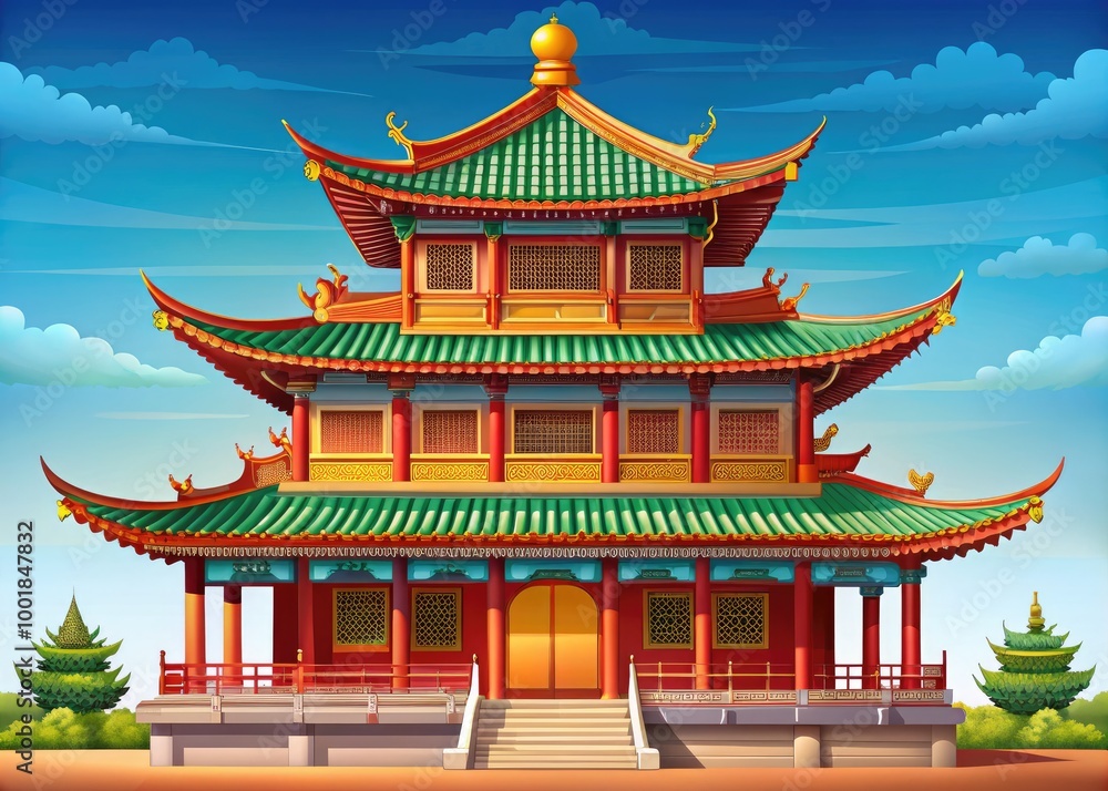 Traditional Chinese Temple Vector Illustration with Pagoda Roof and Ornate Architectural Elements Traditional Chinese Temple Vector Illustration with Pagoda Roof and Ornate Architectural Elements