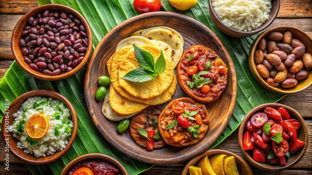 Traditional Honduran Cuisine Featuring Plantains, Beans, Tortillas, and Exotic Tropical Ingredients Traditional Honduran Cuisine Featuring Plantains, Beans, Tortillas, and Exotic Tropical Ingredients
