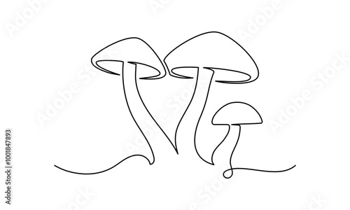 Mushroom in one continuous line drawing. Nature food in simple linear style. Edible autumn harvest in editable stroke. Doodle oneline vector illustration