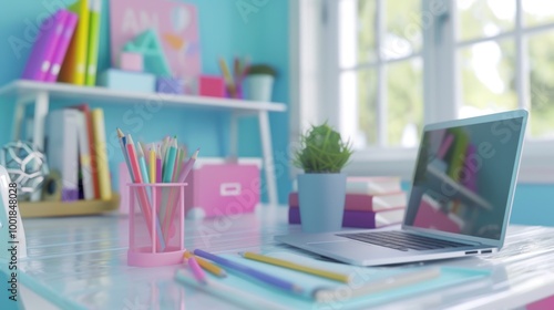 Wallpaper Mural 3D rendering of a student workspace with a laptop, textbooks, and colored pencils, symbolizing back to school preparations. Torontodigital.ca