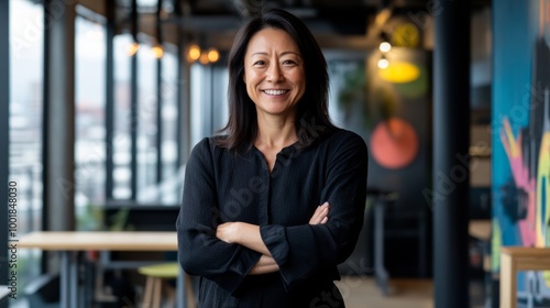 A confident Japanese woman in her 40s stands with arms crossed, smiling in a modern co-working space. Creative decor and a cityscape are visible through large windows