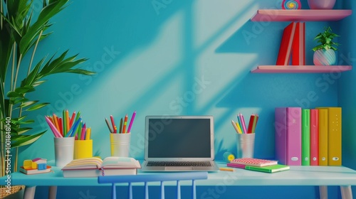 Wallpaper Mural 3D rendering of a student workspace with a laptop, textbooks, and colored pencils, symbolizing back to school preparations. Torontodigital.ca