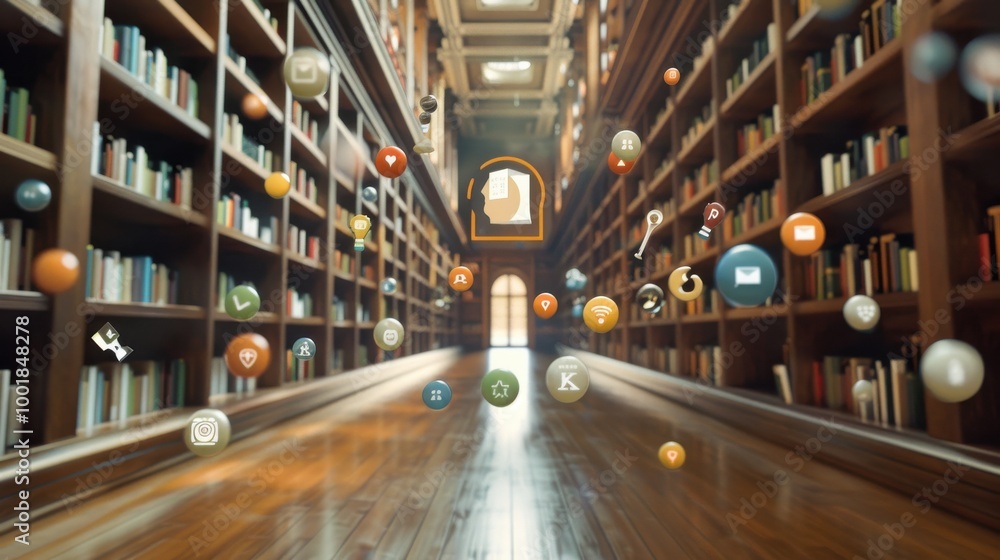 3D render of a university library with floating educational icons and social media symbols, rendered in high quality 3D render of a university library with floating educational icons and social media symbols, rendered in high quality