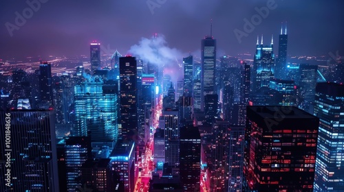 Captivating city view at night with illuminated skyscrapers, glowing streetlights, and bustling traffic creating a vibrant urban landscape.